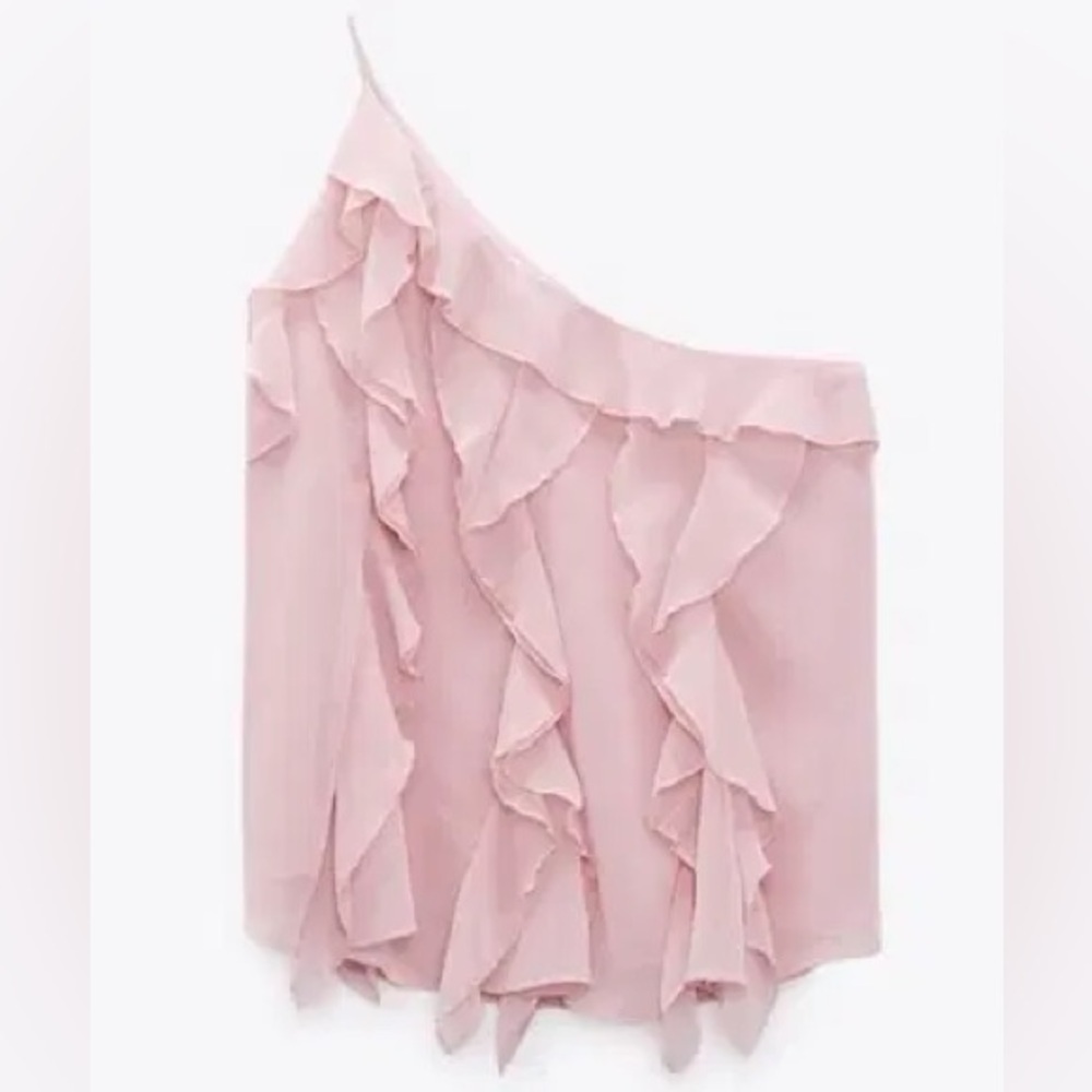 Zara Pink Ruffled One-Shoulder Top - Picture 4 of 6